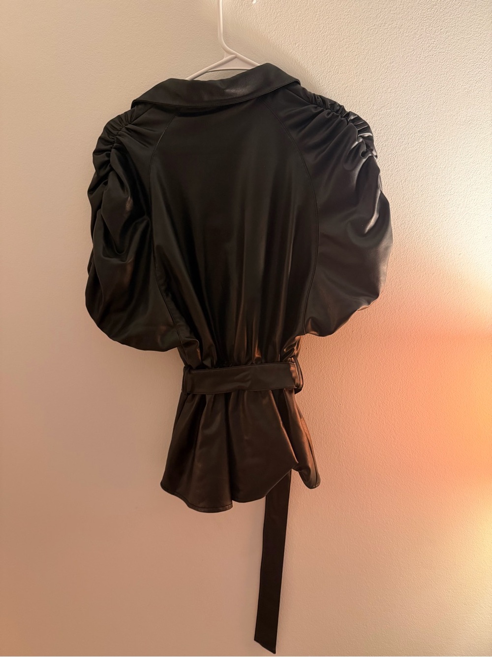 Black Faux Leather Puff-Sleeve Belted Peplum Fleece Lined Top Size M - Picture 2 of 5